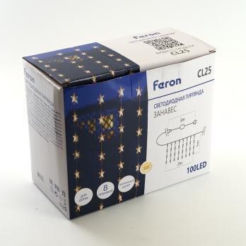 Светодиодная гирлянда Feron CL25 занавес Звездочки  2*1м  + 3м 2700K с контроллером, c питанием от сети 230V, прозрачный шнур