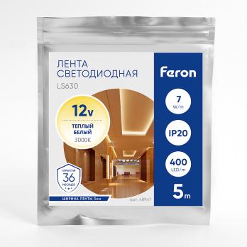 Светодиодная COB лента Feron LS630, 400SMD(2110)/ 7Вт/м 12V 5000*3*1.8мм 3000K, IP20