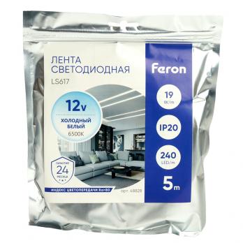 Светодиодная LED лента Feron LS617, 240SMD(2835)/м 19Вт/м 12V 5000*10*1.22мм 6500К, IP20