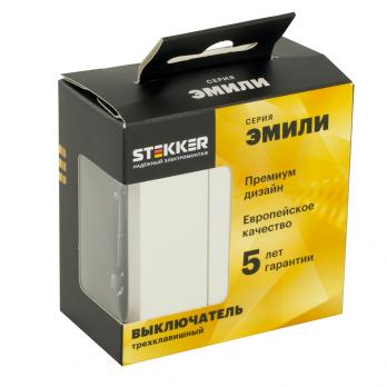 Выключатель 3-клавишный (механизм), STEKKER, 250В, 10А, серия Эмили, RSW10-5108-01, белый фарфор, soft touch