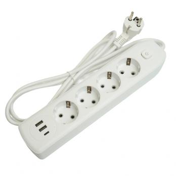 Удлинитель 4-местный c/з 3x1 мм2, 1,8 м, 250В, 10А, 2USB+1Type-C 2,4А, серия Home plus, белый STEKKER HM08-43-02