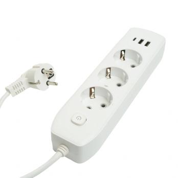 Удлинитель 3-местный c/з 3x1 мм2, 3 м, 250В, 10А, 2USB+1Type-C 2,4А, серия Home plus, белый STEKKER HM08-33-02