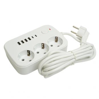 Удлинитель 3-местный c/з 3x1 мм2, 3 м, 250В, 10А, 4USB+2Type-C 2,4А, серия Home plus, белый STEKKER HM09-36-02