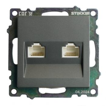 Розетка компьютерная 2-местная RJ-45 (механизм) STEKKER GLS00-7109-06 , серия Катрин, графит