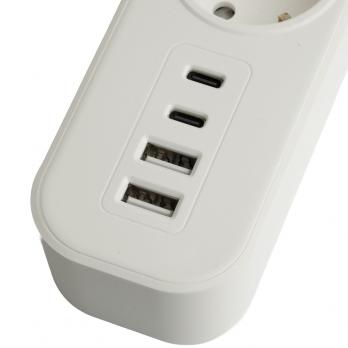 Сетевой фильтр 3-местный с/з STEKKER 3x1мм2, 1,8 м, 250В, 16А, 2 USB-A+2 Type-C, серия Nova, белый