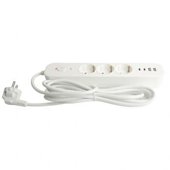 Сетевой фильтр 3-местный с/з STEKKER 3x1мм2, 5 м, 250В, 16А, 2 USB-A+2 Type-C 3, серия Nova, белый