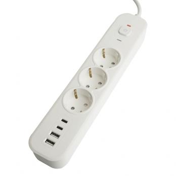 Сетевой фильтр 3-местный с/з STEKKER 3x1мм2, 5 м, 250В, 16А, 2 USB-A+2 Type-C 3, серия Nova, белый
