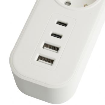 Сетевой фильтр 5-местный с/з STEKKER3x1мм2, 1,8 м, 250В, 16А, 2 USB-A+2 Type-C, серия Nova, белый