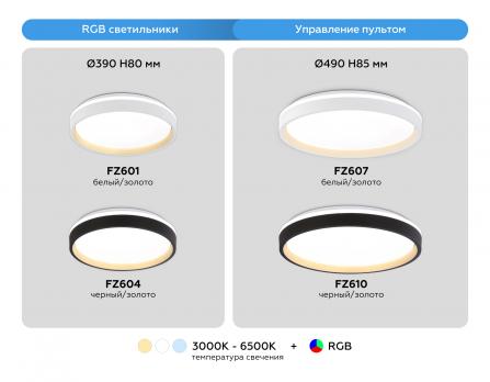 Светодиодный светильник RGB с пультом управления FZ601 WH/GD белый/золото IP20 46W 3000K-6500K+RGB D390*80 (ПДУ ИК) Ambrella light