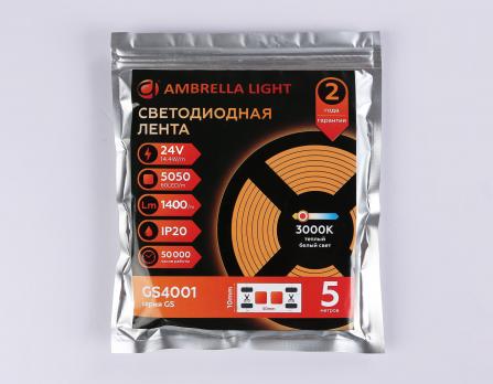 Светодиодная лента Ambrella Light GS4001 5050 60Led /14.4W m/ 24V IP20 3000K 5m GS4001 5050 60Led/ 14.4W m/ 24V IP20 3000K/ 5000*10*1.87mm (2 конт.) Ambrella light