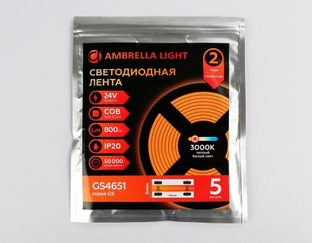 Светодиодная лента Ambrella Light GS4651 COB 320Led /10W m/ 24V IP20 3000K 5m GS4651 COB 320Led/ 10W m/ 24V IP20 3000K/ 5000*8*1.54mm (2 конт.) Ambrella light