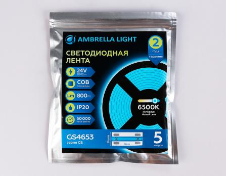 Светодиодная лента Ambrella Light GS4653 COB 320Led /10W m/ 24V IP20 6500K 5m GS4653 COB 320Led/ 10W m/ 24V IP20 6500K/ 5000*8*1.54mm (2 конт.) Ambrella light