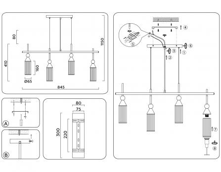 Подвесной светильник LH55254/4 BK/BS/CL черный/латунь/прозрачный E14*4 max 40W 845*65*1150 Ambrella light