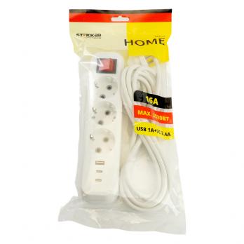 Удлинитель 3-местный с/з с выключ. STEKKER HM071-31-02 3x1мм2, 2м, 250В, 16А, 1USB+2C, 2.4A, сер Home, белый