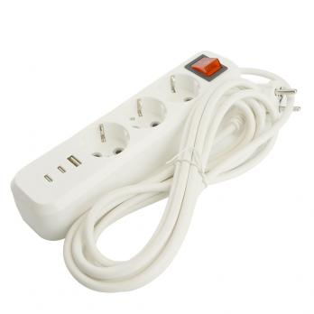 Удлинитель 3-местный с/з с выключ. STEKKER HM071-31-02 3x1мм2, 2м, 250В, 16А, 1USB+2C, 2.4A, сер Home, белый