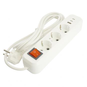Удлинитель 3-местный с/з с выключ. STEKKER HM071-31-03 3x1мм2, 3м, 250В, 16А, 1USB+2C, 2.4A, сер Home, белый