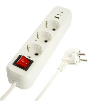 Удлинитель 3-местный с/з с выключ. STEKKER HM071-31-05 3x1мм2, 5м, 250В, 16А, 1USB+2C, 2.4A, сер Home, белый