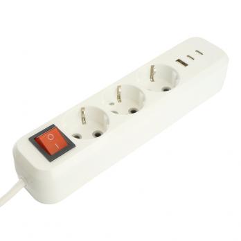 Удлинитель 3-местный с/з с выключ. STEKKER HM071-31-05 3x1мм2, 5м, 250В, 16А, 1USB+2C, 2.4A, сер Home, белый