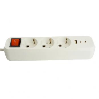 Удлинитель 3-местный с/з с выключ. STEKKER HM071-31-05 3x1мм2, 5м, 250В, 16А, 1USB+2C, 2.4A, сер Home, белый
