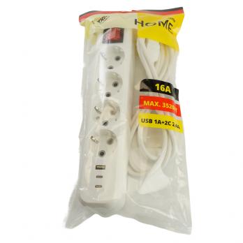 Удлинитель 4-местный с/з с выключ. STEKKER HM071-41-03 3x1мм2, 3м, 250В, 16А, 1USB+2C, 2.4A, сер Home, белый
