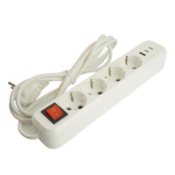 Удлинитель 4-местный с/з с выключ. STEKKER HM071-41-05 3x1мм2, 5м, 250В, 16А, 1USB+2C, 2.4A, сер Home, белый