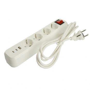 Удлинитель 4-местный с/з с выключ. STEKKER HM071-41-05 3x1мм2, 5м, 250В, 16А, 1USB+2C, 2.4A, сер Home, белый