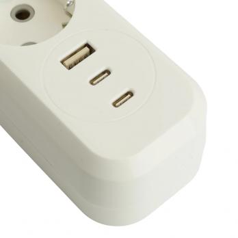 Удлинитель 4-местный с/з с выключ. STEKKER HM071-41-05 3x1мм2, 5м, 250В, 16А, 1USB+2C, 2.4A, сер Home, белый