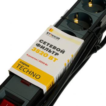 Сетевой фильтр 3-местный с/з STEKKER 3x1мм2, 1,8 м, 250В, 16А, серия Techno, HM22-31-02, черный