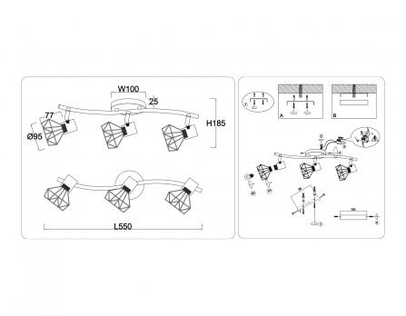 Светильник накладной TR8657/3 BK/GD черный/золото E14/3 max 60W 550*100*185 Ambrella light