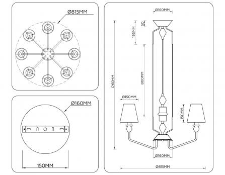 Светильник подвесной LH75403/8 GD/GR золото/серый E14*8 max 40W D815*1260 Ambrella light