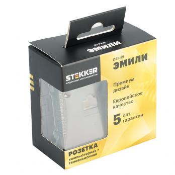 Розетка TV + компьютерная RJ-45 (механизм), STEKKER, серия Эмили, RST00-5106-09, антрацит, soft touch