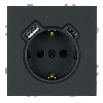 Розетка 1-местная з/ш с/з 16А + USB + Type C (механизм), Stekker, 250В, 20W, серия Эмили, черный уголь, soft-touch, RST16-5119-05