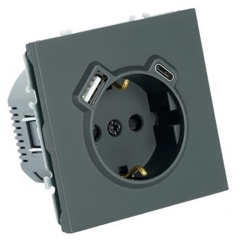 Розетка 1-местная з/ш с/з 16А + USB + Type C (механизм), Stekker, 250В, 20W, серия Эмили, черный уголь, soft-touch, RST16-5119-05