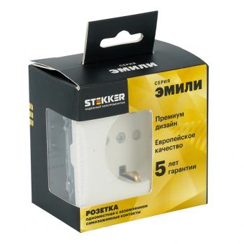 Розетка 1-местная с з/ш, с/з (механизм), СЗК, STEKKER, 250В, 16А, серия Эмили, RST16-5110-01ZK, белый фарор, soft touch