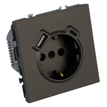 Розетка 1-местная з/ш с/з 16А + USB + Type C (механизм), STEKKER, 250В, 20W, серия Эмили, RST16-5119-09, антрацит, soft touch