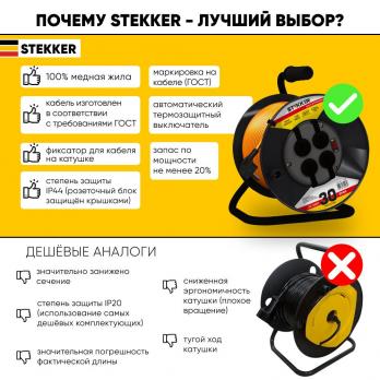 Удлинитель на пластиковой катушке Stekker STD02-41-30 (UG), 30м, 4 гнезда с/з 3*1,0, оранжевый, серия Standart